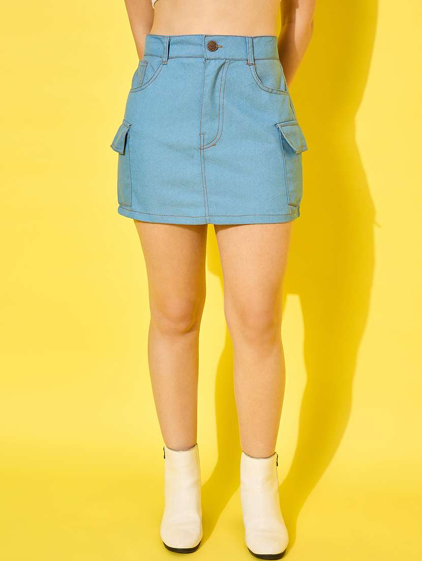 women solid high rise denim cargo skirt