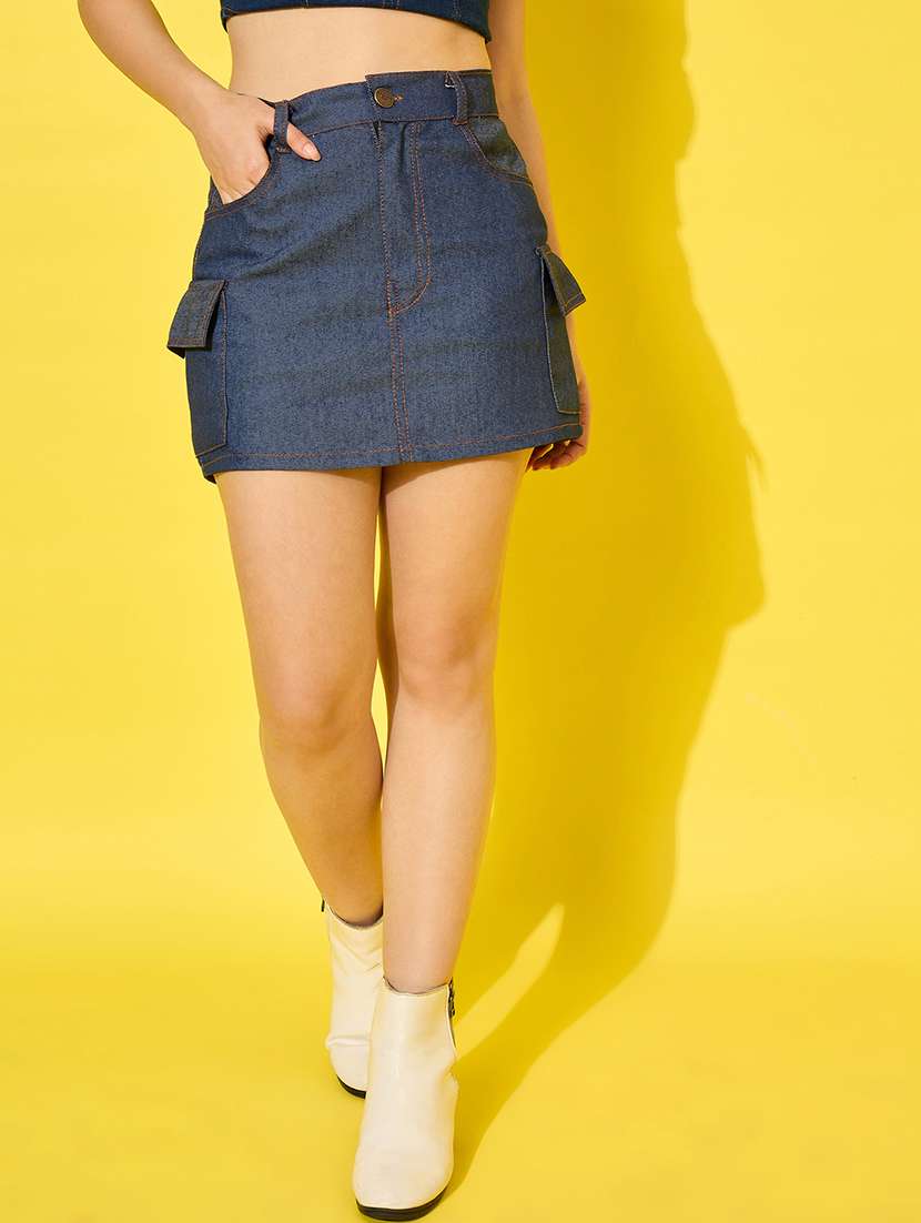 women solid high rise denim cargo skirt - 21789985 -  Standard Image - 1