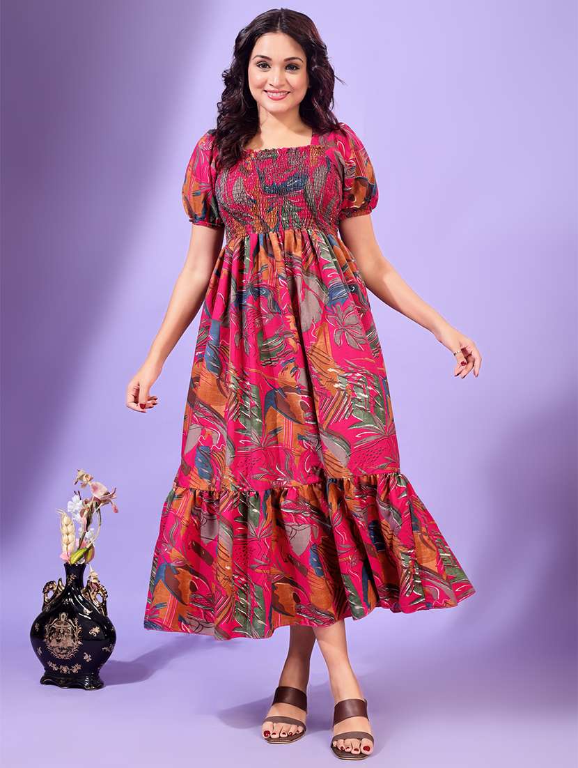 women printed puff sleeves tiered dress - 21791275 -  Standard Image - 1
