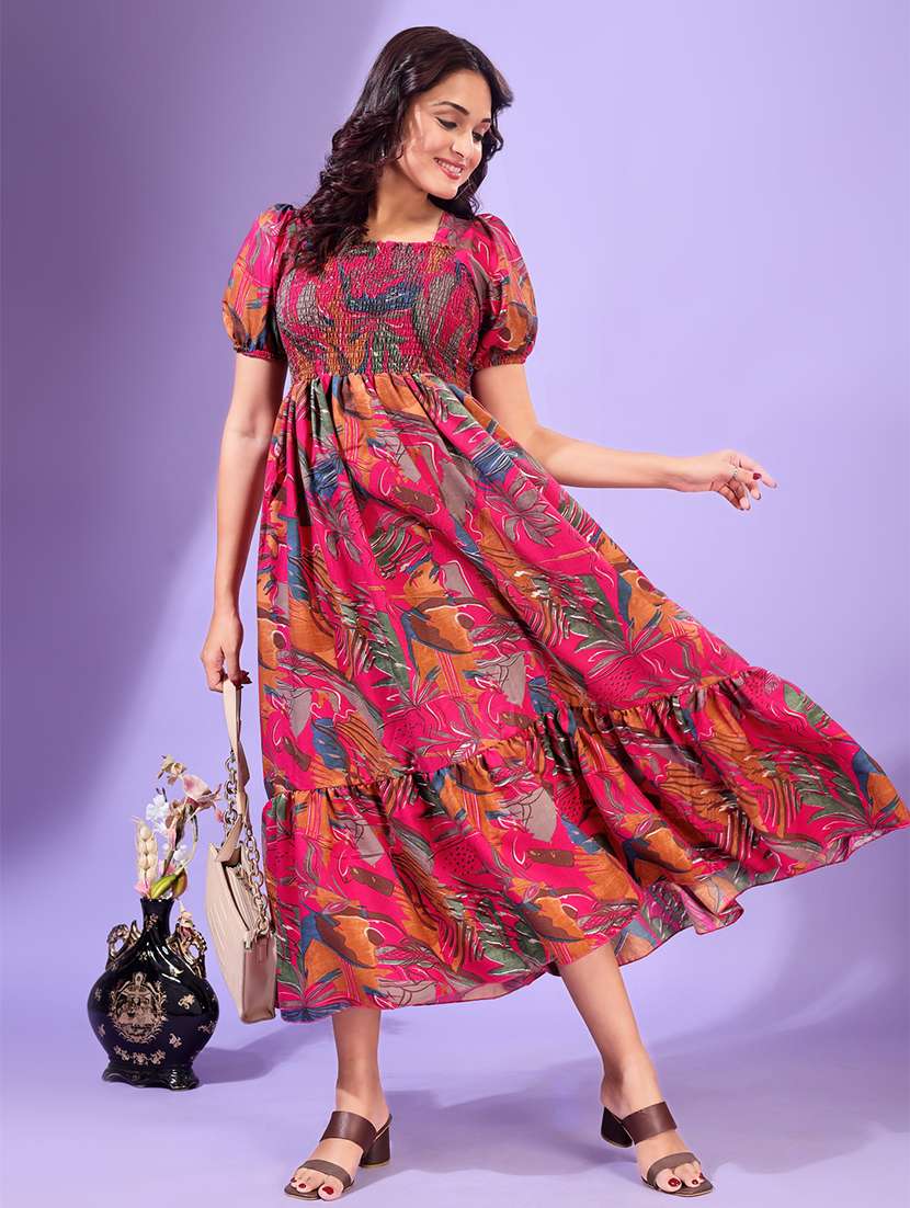 women printed puff sleeves tiered dress - 21791275 -  Standard Image - 4