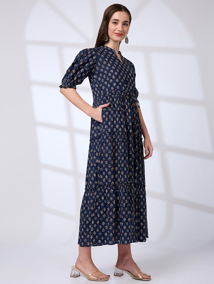 globus women blue mandarin collar puff sleeves waist tie-ups tiered a-line work wear midi dress - 21791288 -  Standard Image - 1