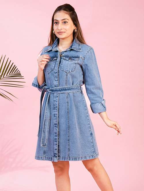women solid collared denim a-line dress - 21791315 -  Standard Image - 0