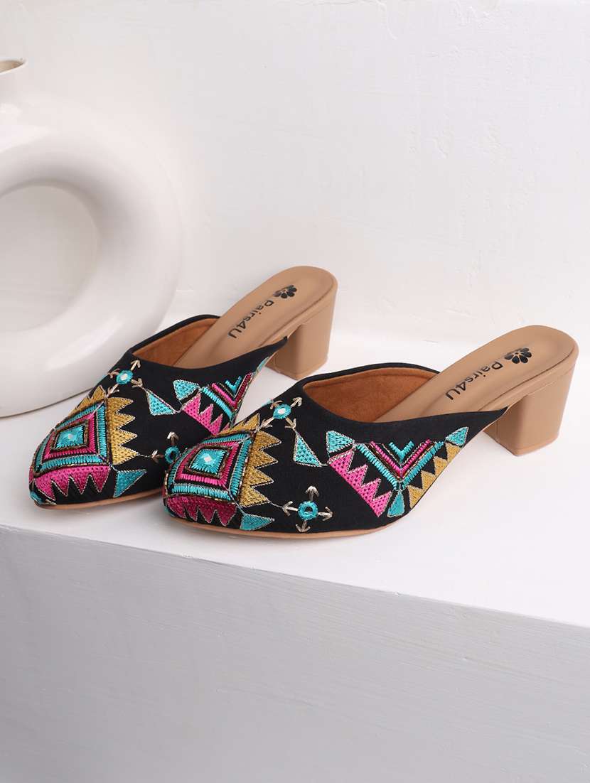 women embroidered block heel mules