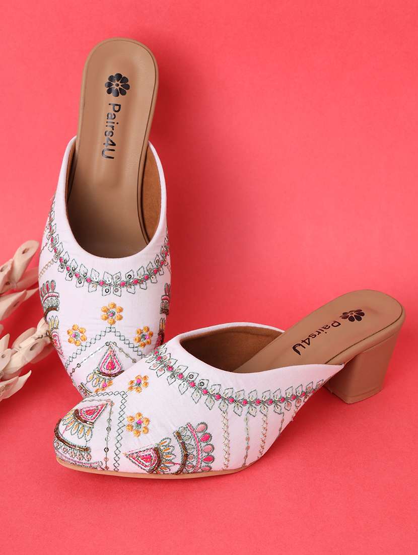 women embroidered block heel mules