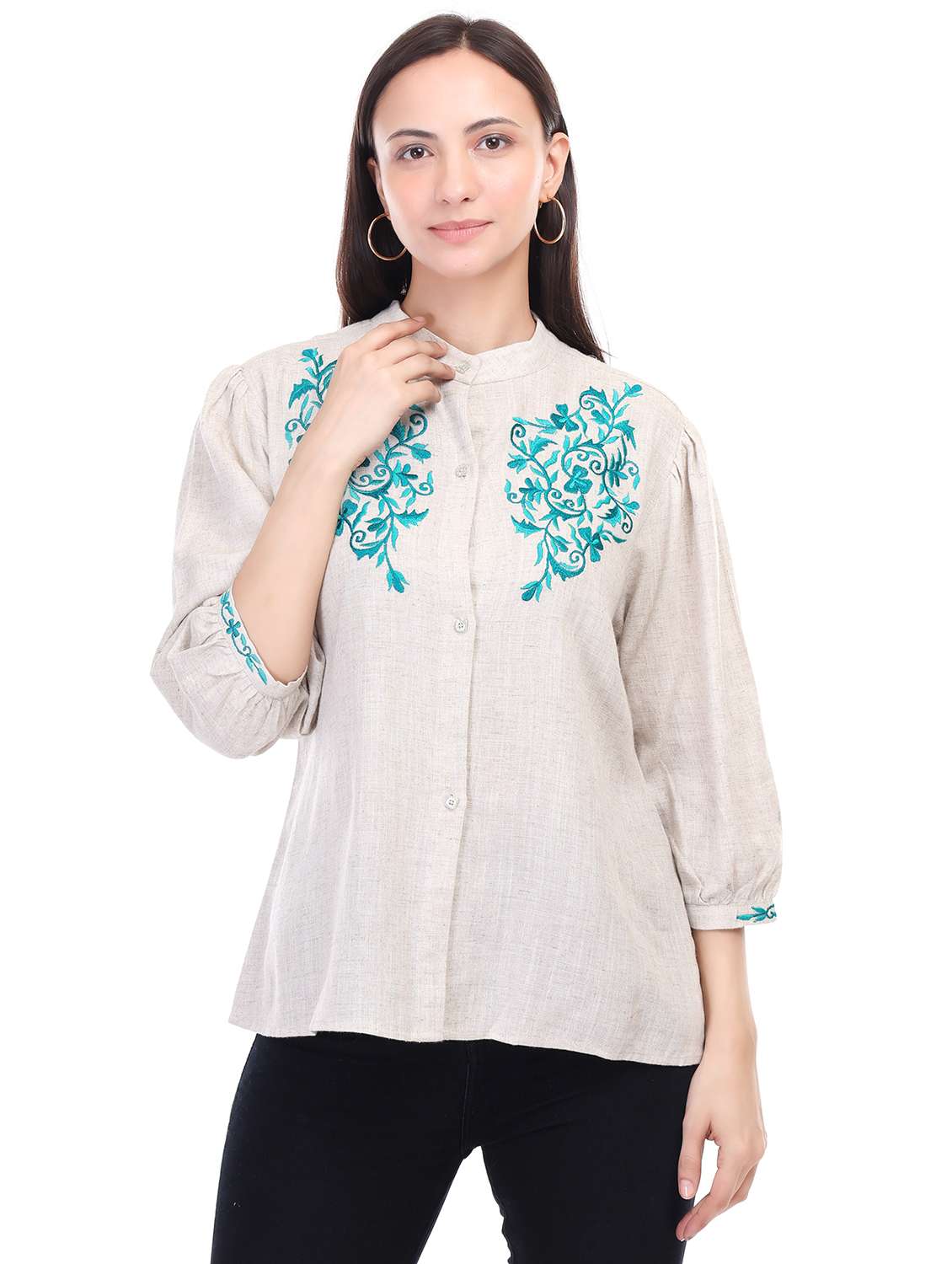 women embroidered puff sleeves regular top