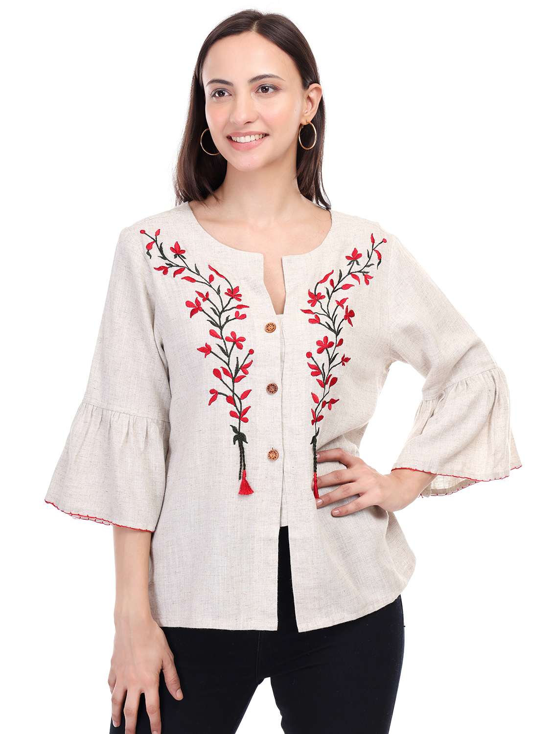 women embroidered bell sleeves regular top