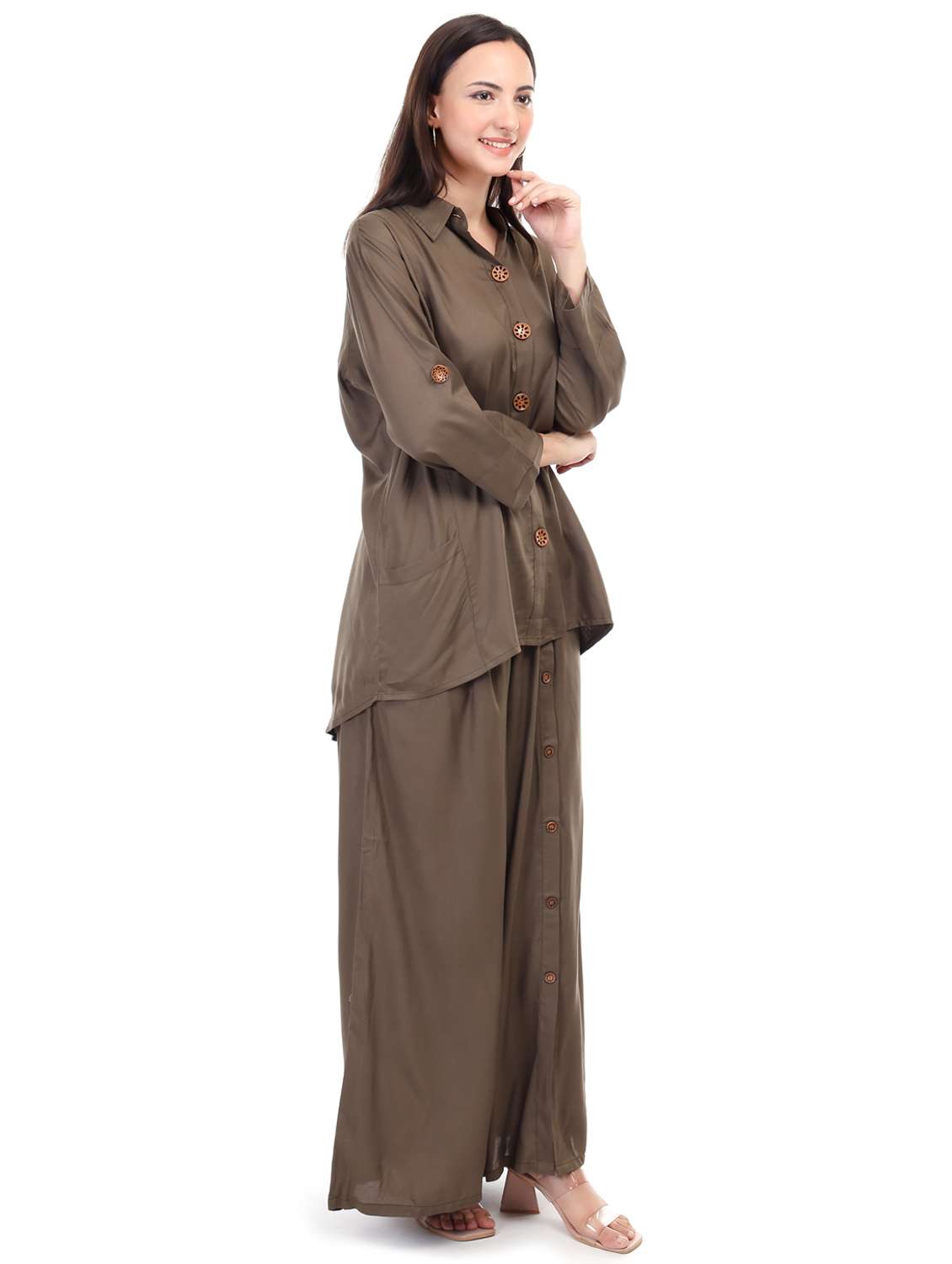 women solid shirt and trouser co-ord set - 21791434 -  Standard Image - 1