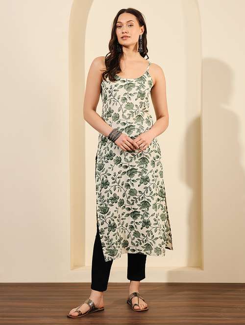 women off white floral shoulder strap straight kurta - 21793235 - Standard Image - 0