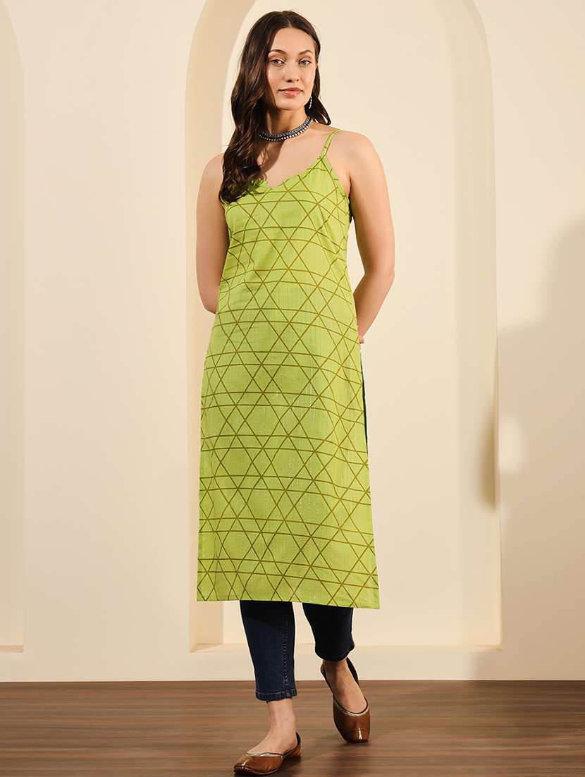 women green checkered shoulder strap straight kurta