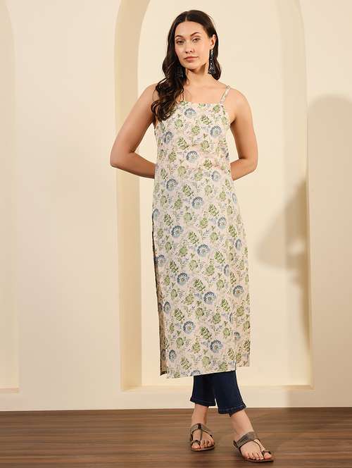 women off white floral shoulder strap straight kurta - 21793237 -  Standard Image - 0