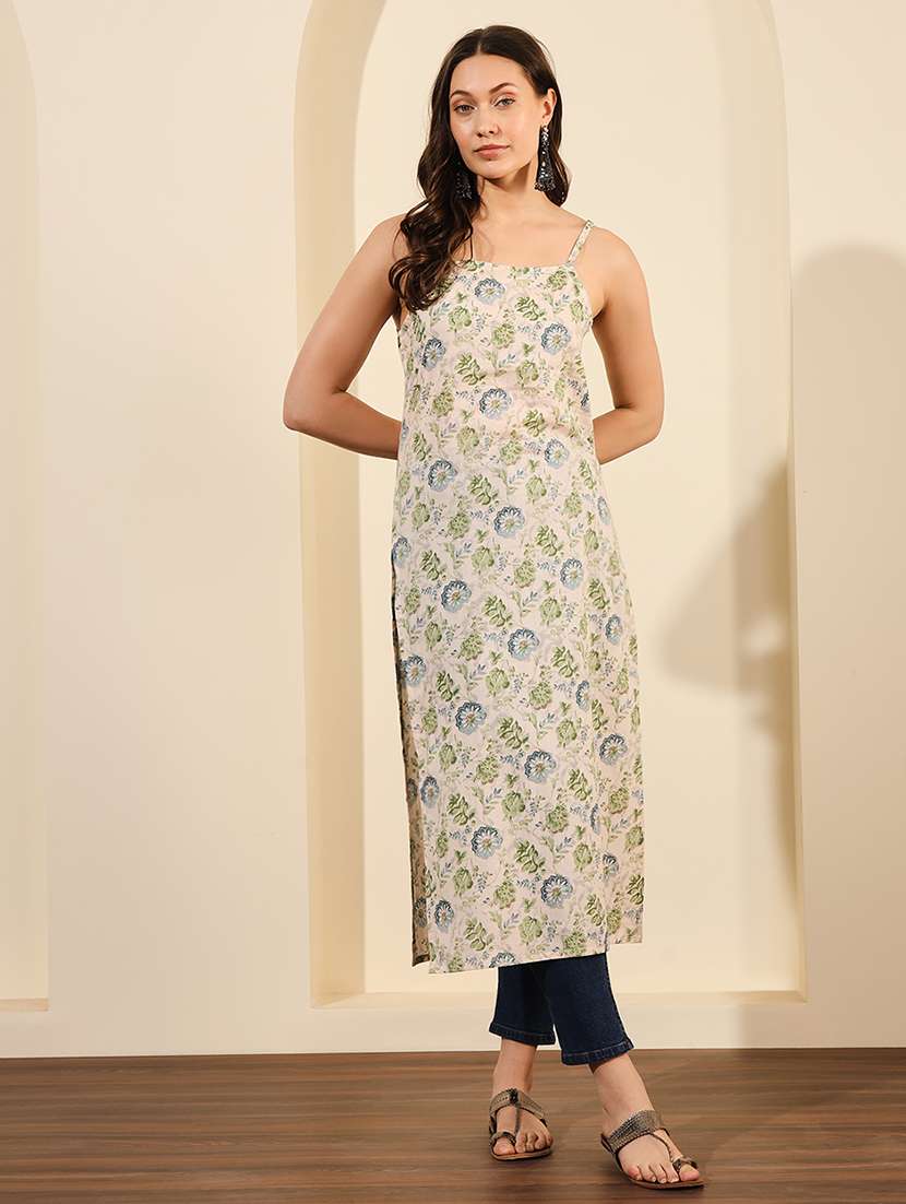 women off white floral shoulder strap straight kurta - 21793237 -  Zoom Image - 0