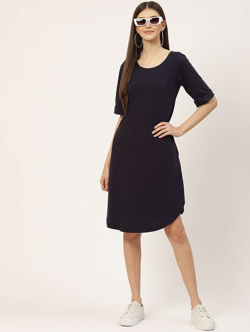 women solid short sleeves shift dress