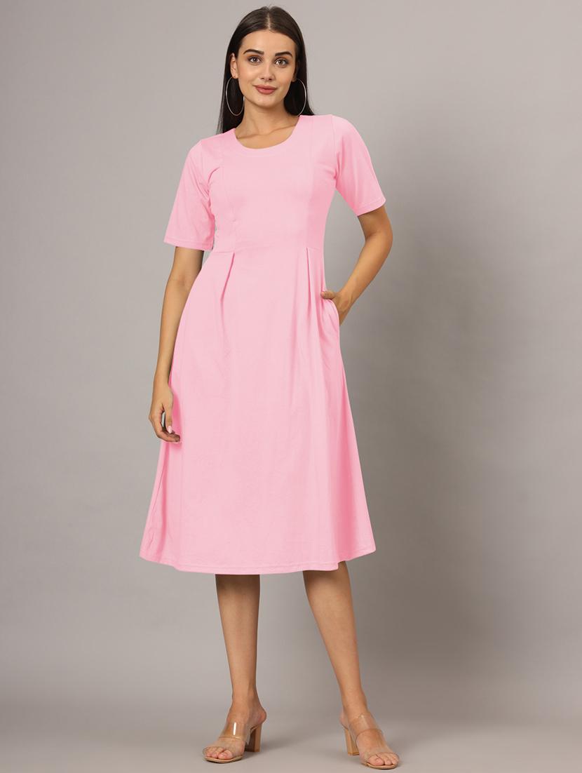 women solid short sleeves a-line dress - 21793284 - Standard Image - 1