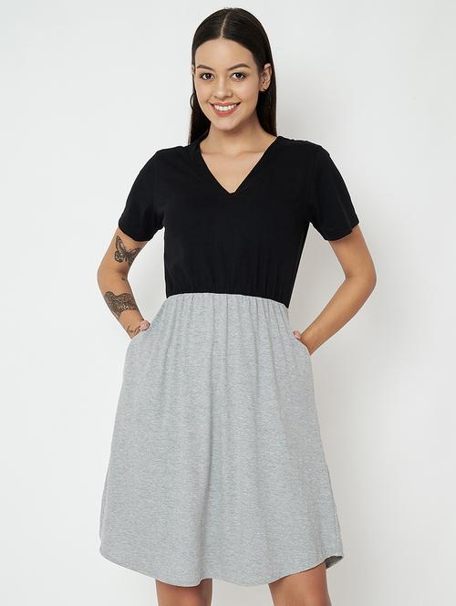 women color blocked short sleeves a-line dress - 21793301 -  Standard Image - 0