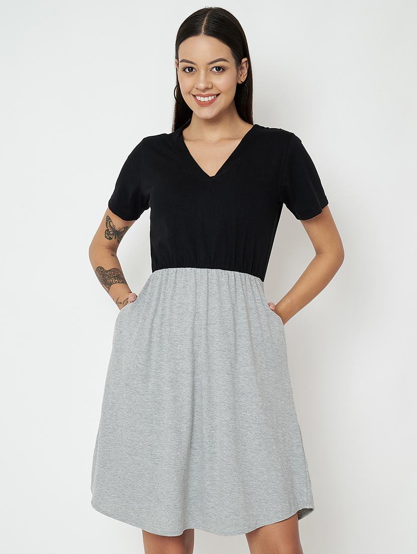 women color blocked short sleeves a-line dress - 21793301 -  Zoom Image - 0