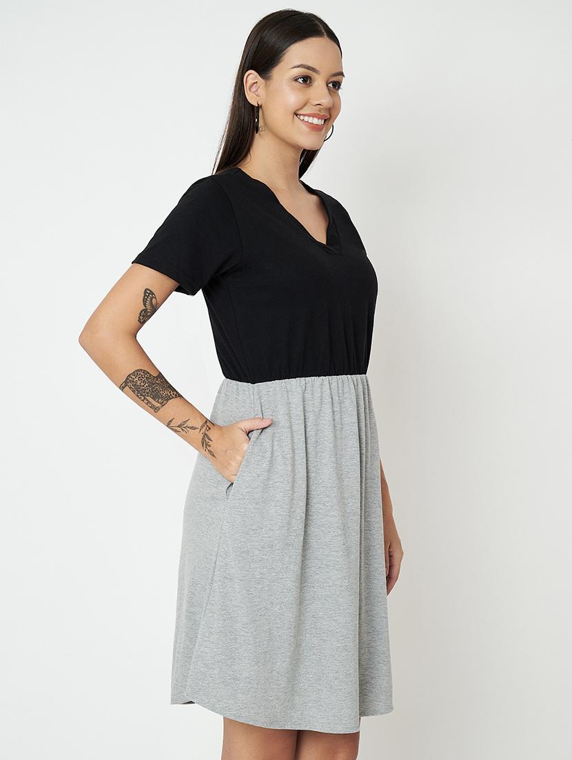 women color blocked short sleeves a-line dress - 21793301 -  Standard Image - 1