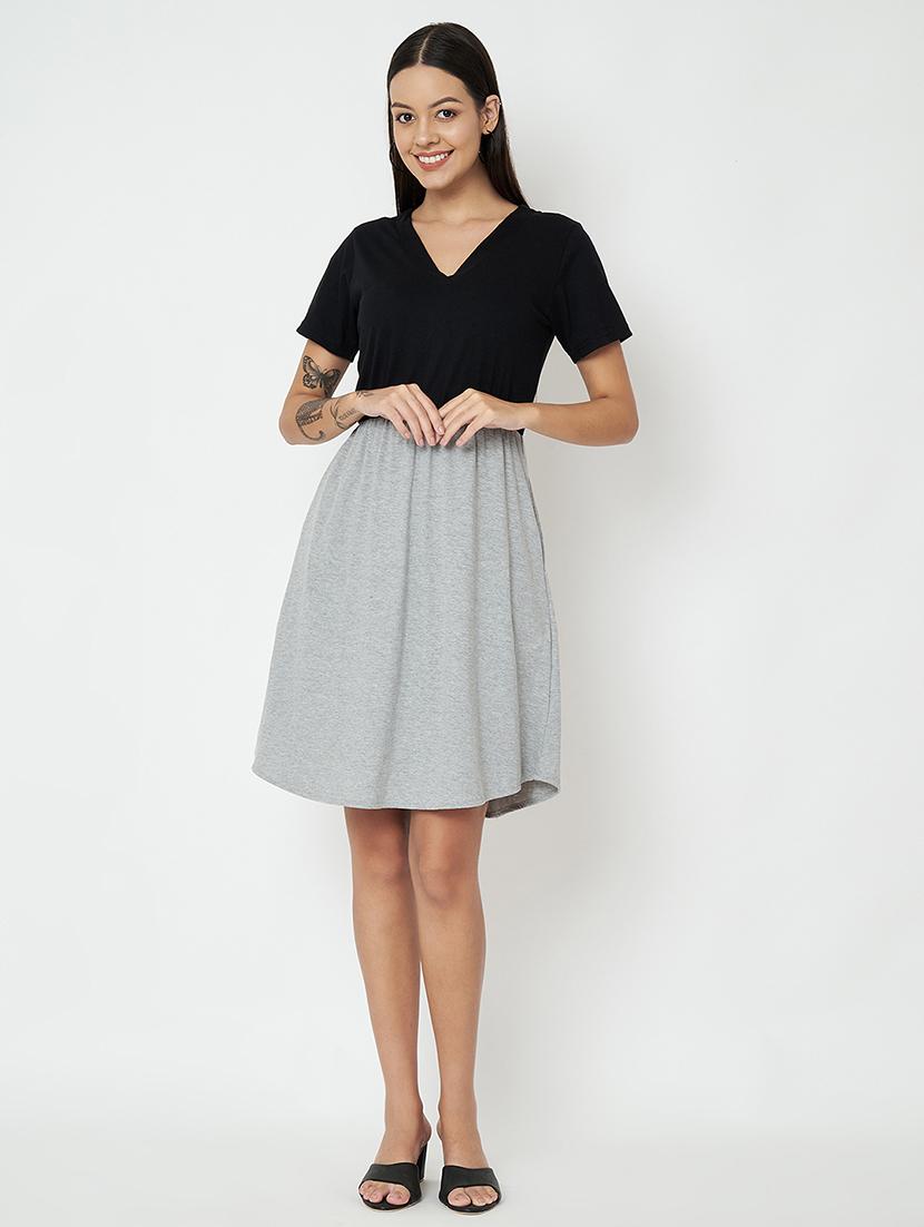 women color blocked short sleeves a-line dress - 21793301 - Standard Image - 4