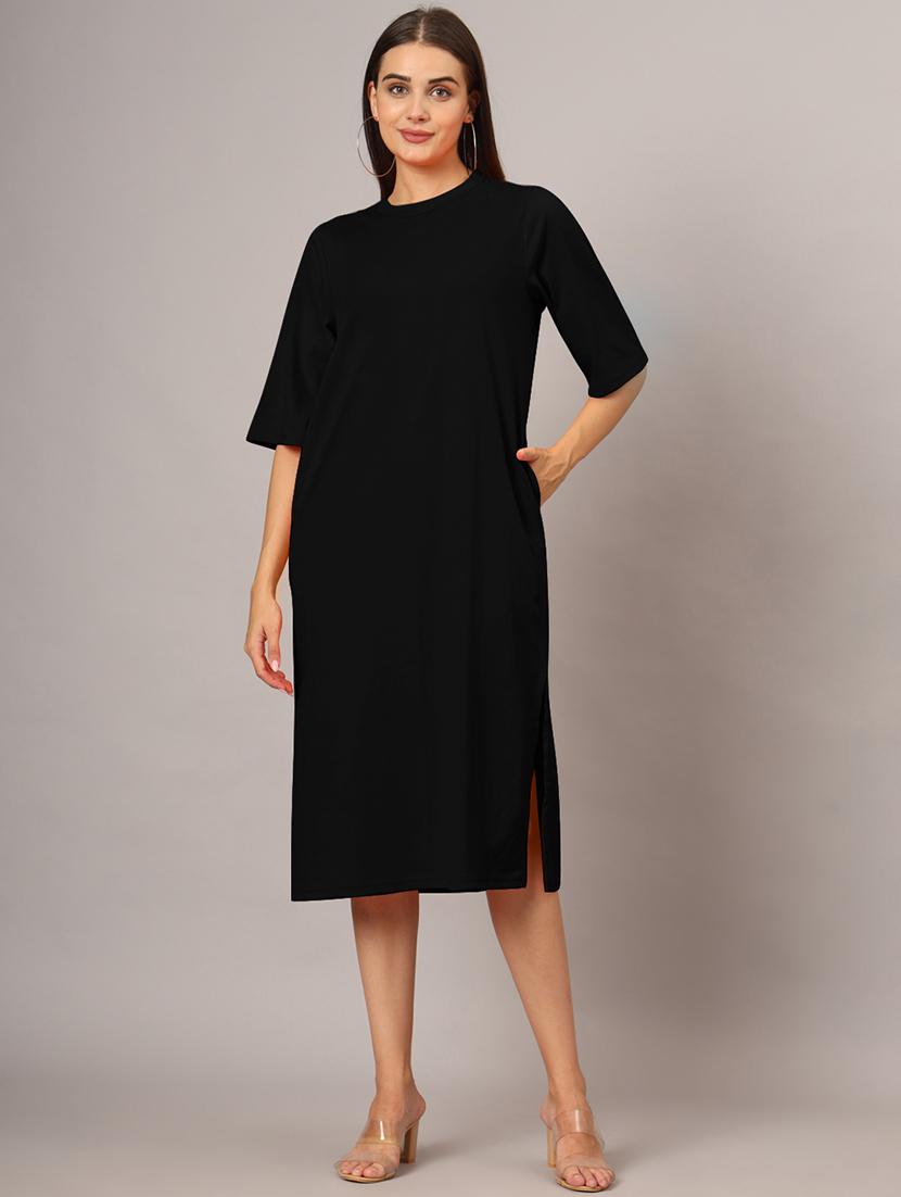 women solid short sleeves shift dress - 21793310 - Standard Image - 1
