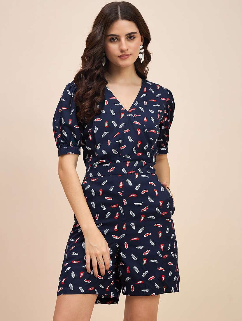 women printed puff sleeves romper