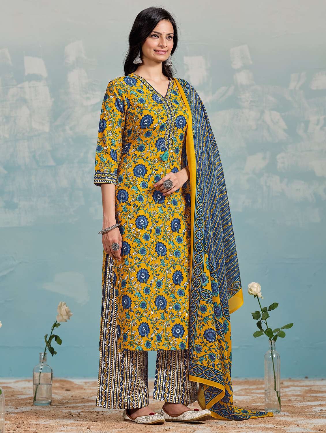 women three quarter sleeve kurta palazzo with dupatta set - 21794190 -  Standard Image - 1