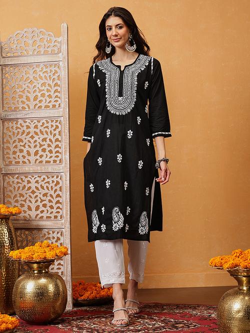 women three quarter sleeve straight chikankari kurta - 21794577 - Standard Image - 0