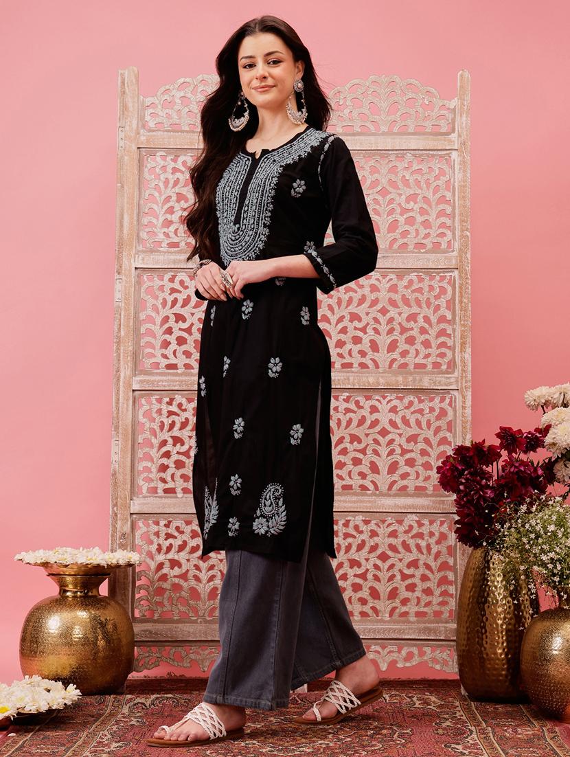 women three quarter sleeve straight chikankari kurta - 21794578 -  Standard Image - 1