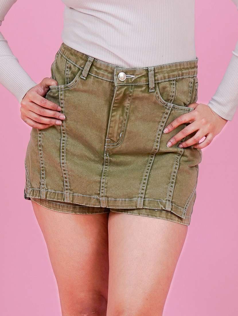 women solid high rise denim skorts - 21794579 - Standard Image - 4