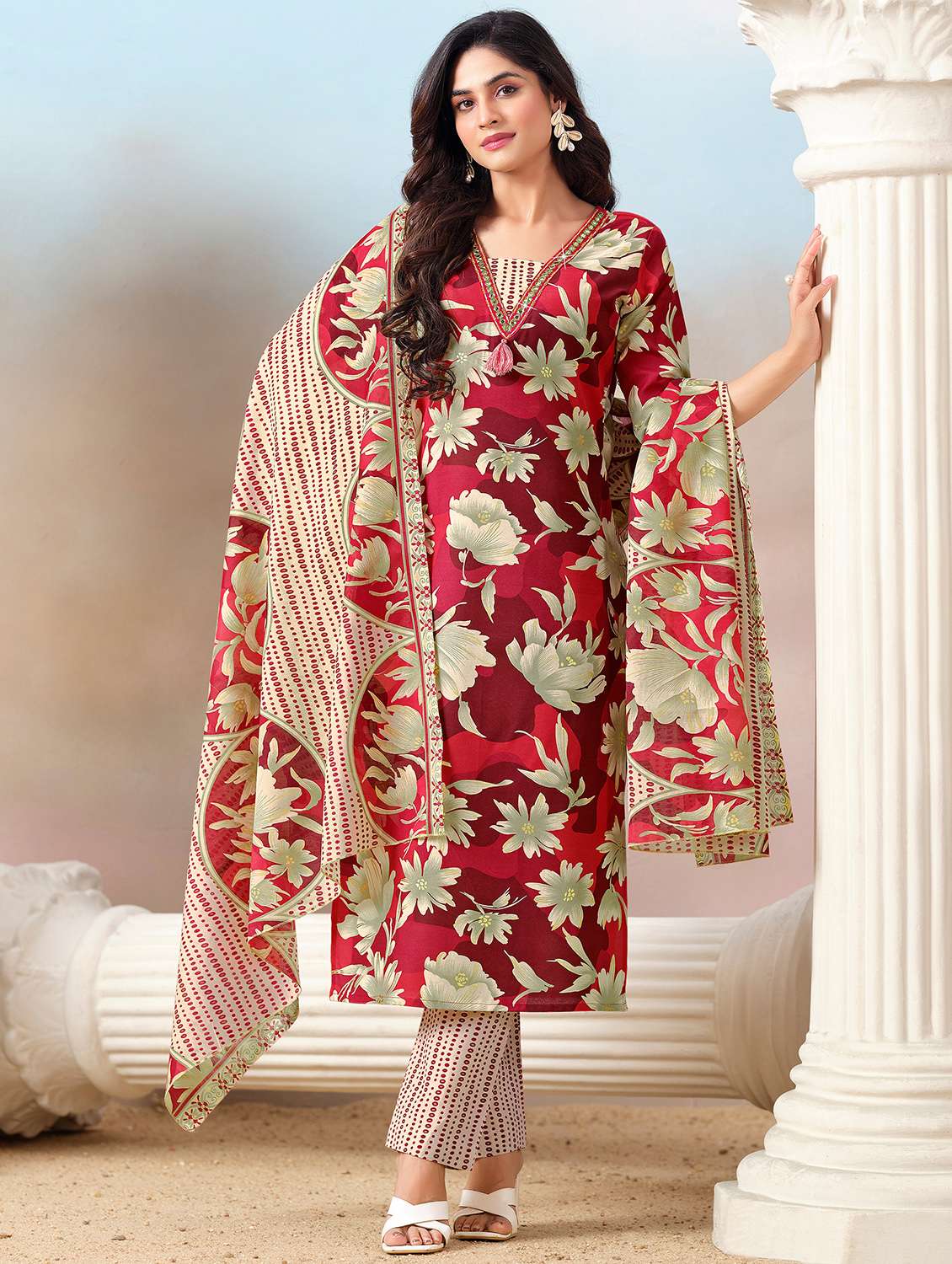 women three quarter sleeve kurta pant with dupatta set