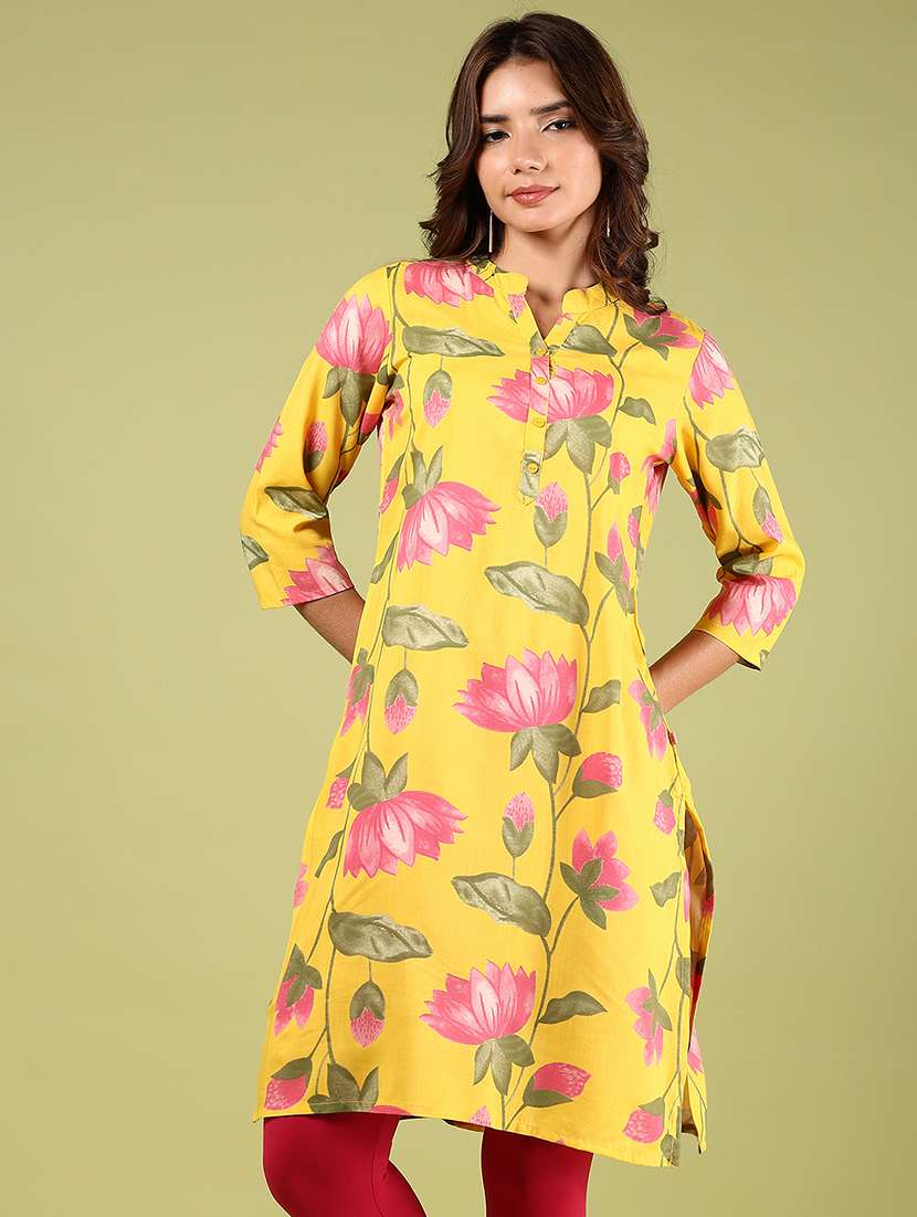 women yellow three quarter sleeve straight kurta
