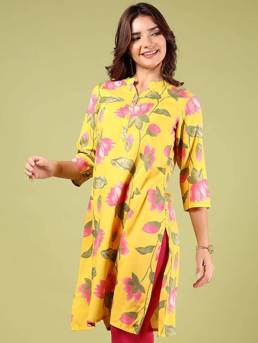 women yellow three quarter sleeve straight kurta - 21794700 -  Standard Image - 1