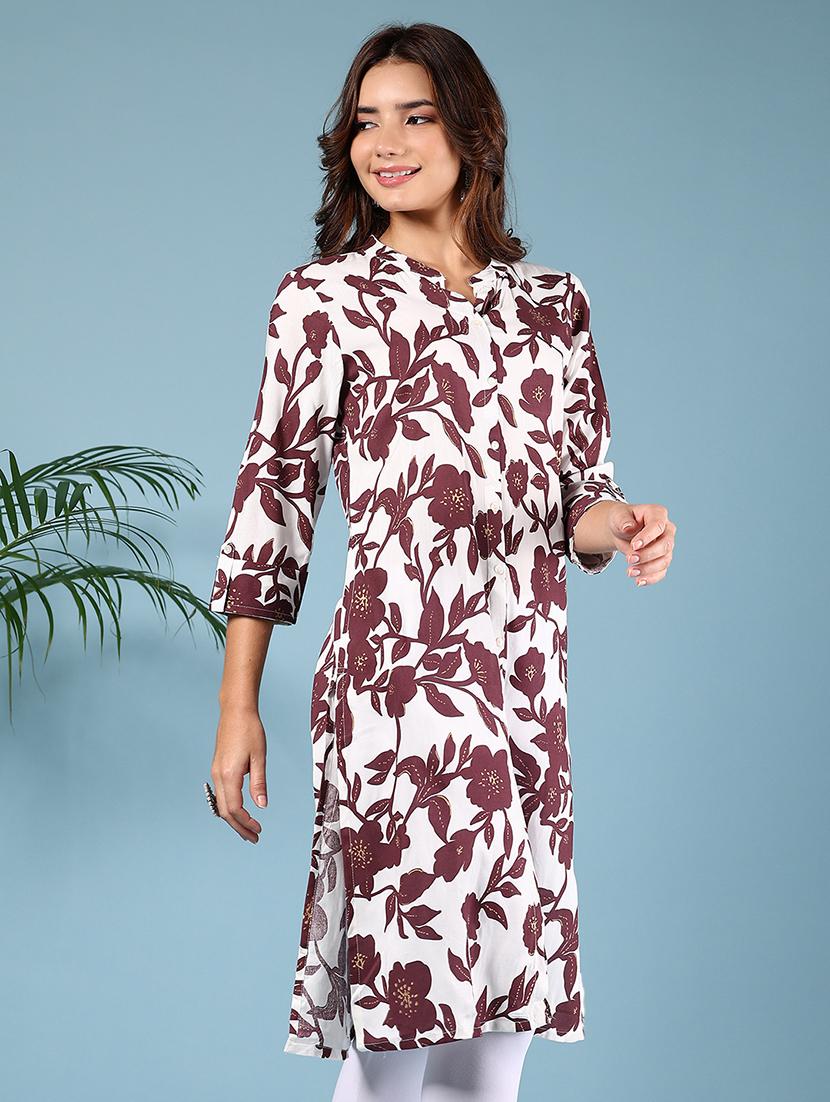 women floral three quarter sleeve straight kurta - 21794701 - Standard Image - 1