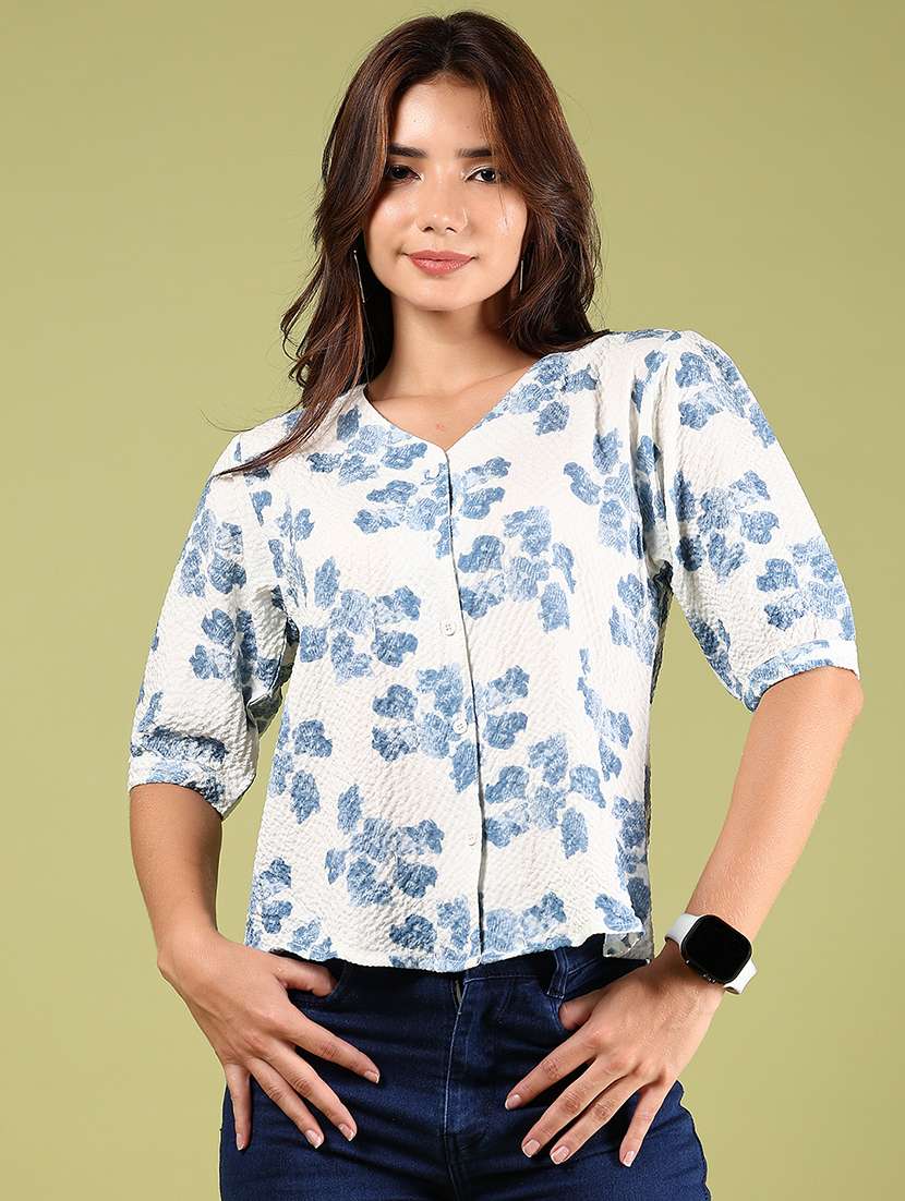 women off white printed elbow sleeve top