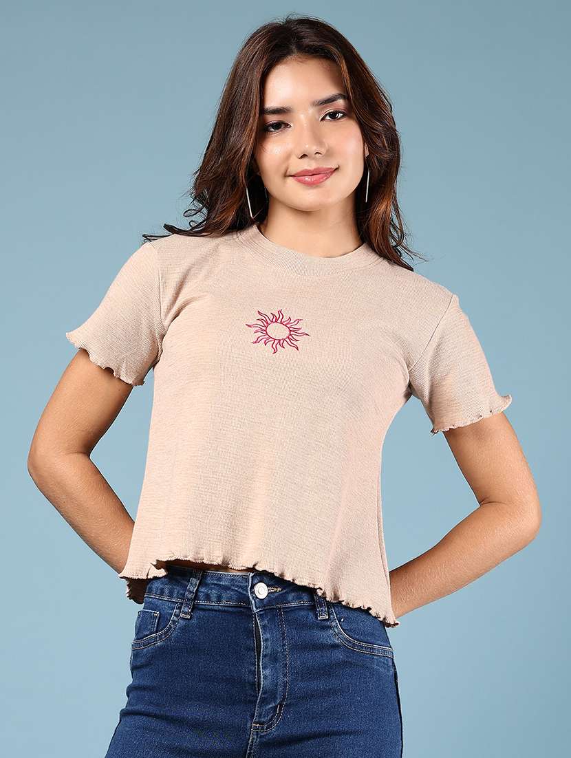 women printed short sleeve regular fit crop top - 21794762 - Standard Image - 1