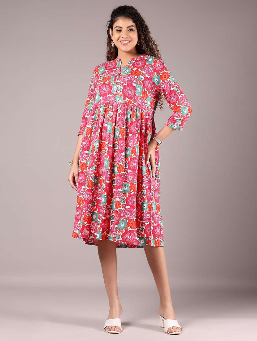 women floral print mandarin neck a-line dress - 21794925 - Standard Image - 1