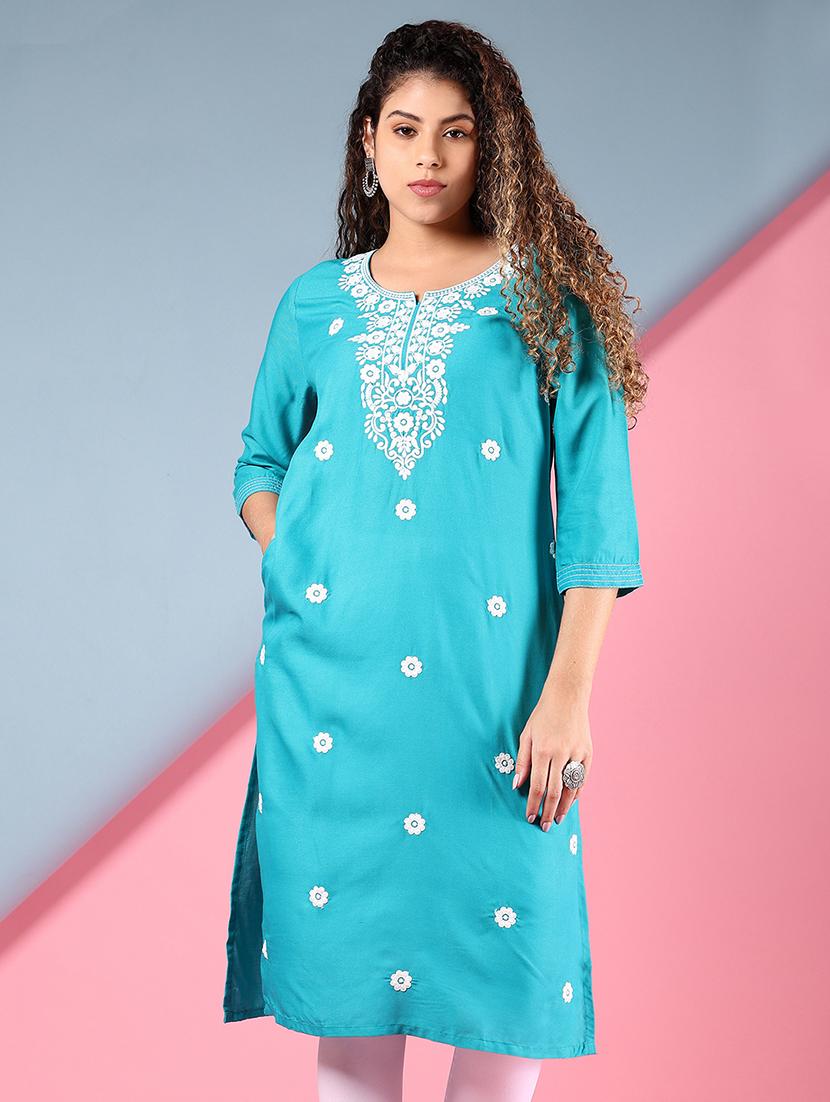 women blue three quarter sleeve straight kurta - 21794947 - Zoom Image - 0