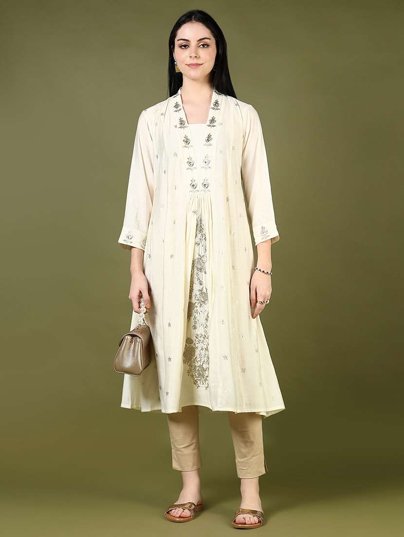 women off white embroidered square neck a-line kurta