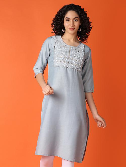 women embroidered three quarter sleeve straight kurta - 21795023 - Standard Image - 0
