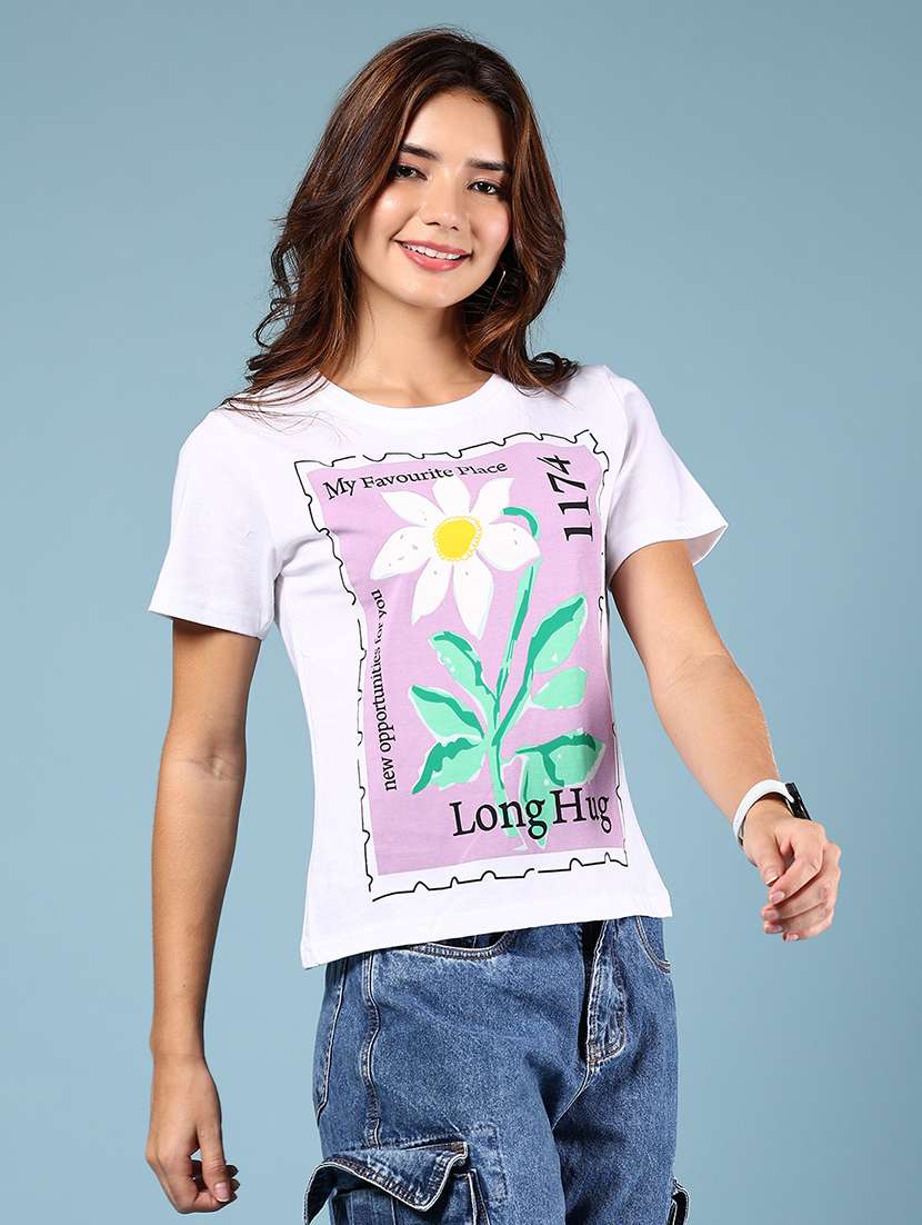women front print round neck t-shirt - 21795027 - Standard Image - 1