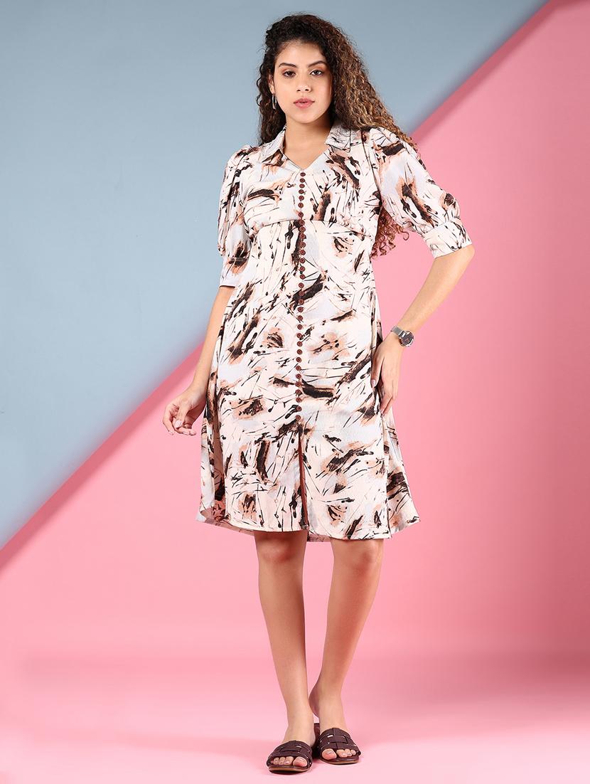 women printed puff sleeve a-line dress - 21795036 - Standard Image - 1