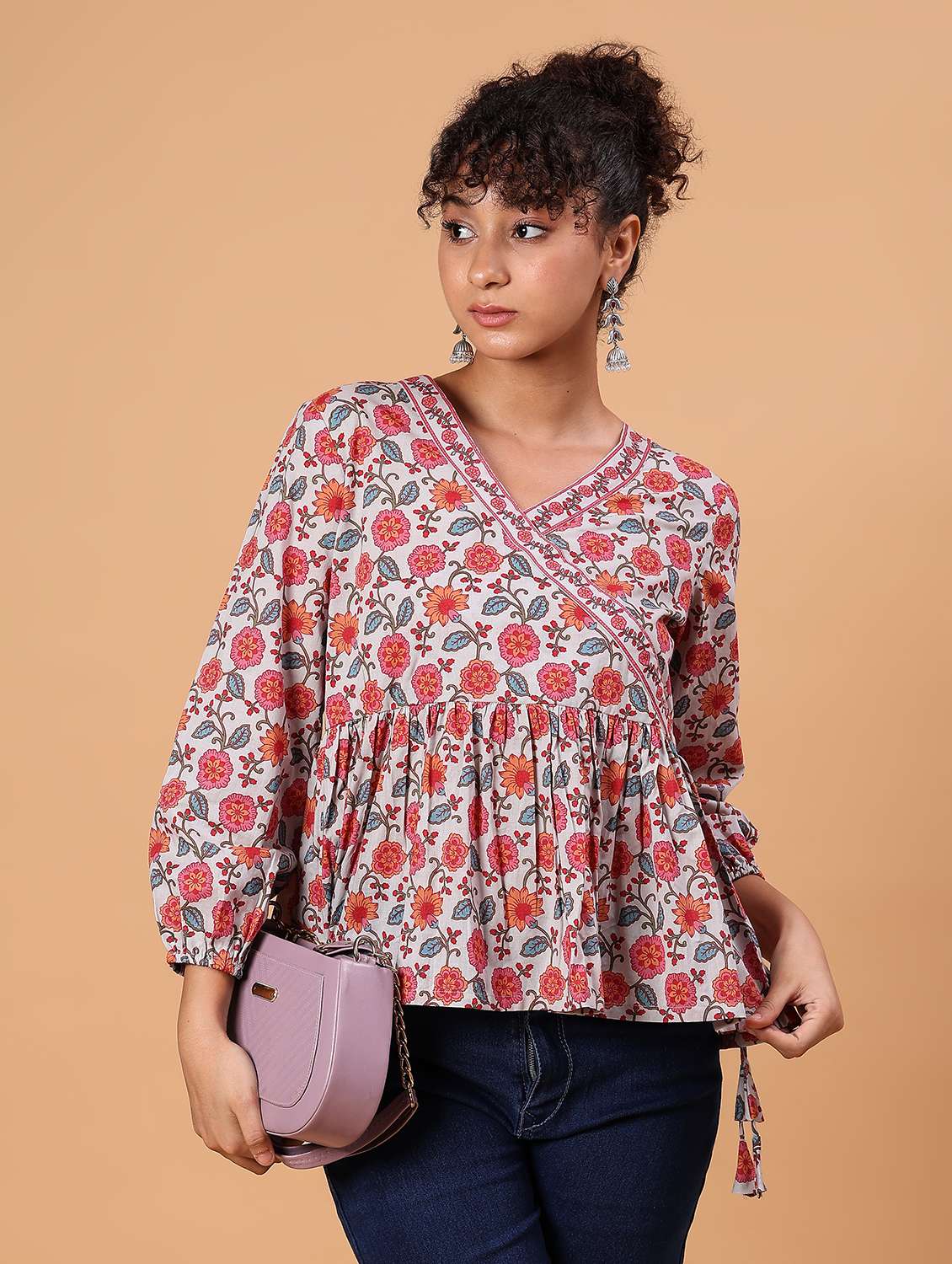 women floral printed v neck peplum top
