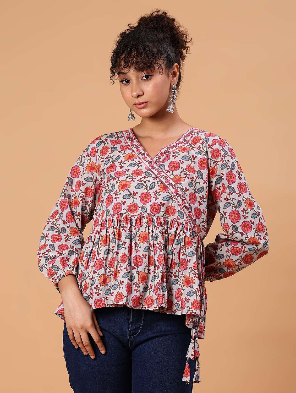 women floral printed v neck peplum top - 21795043 -  Standard Image - 1