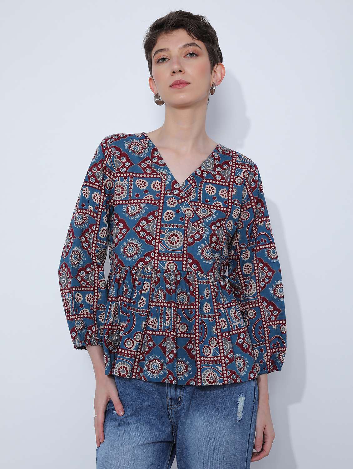 women printed overlap neck peplum top - 21795044 -  Standard Image - 1