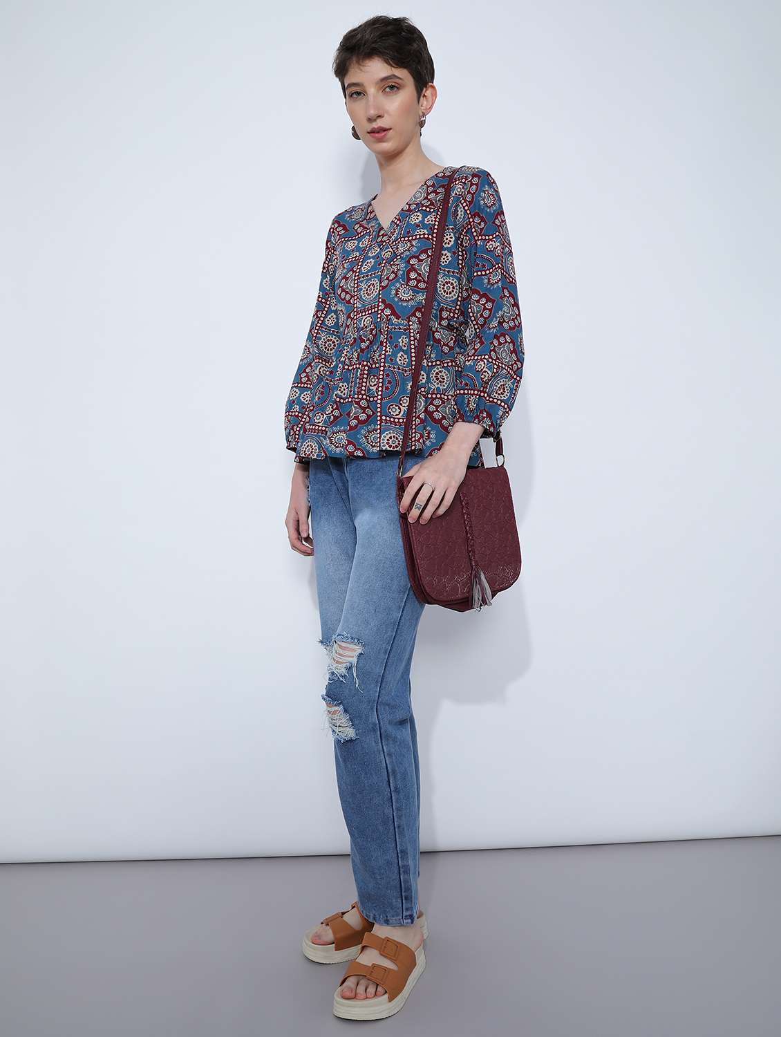 women printed overlap neck peplum top - 21795044 - Standard Image - 6
