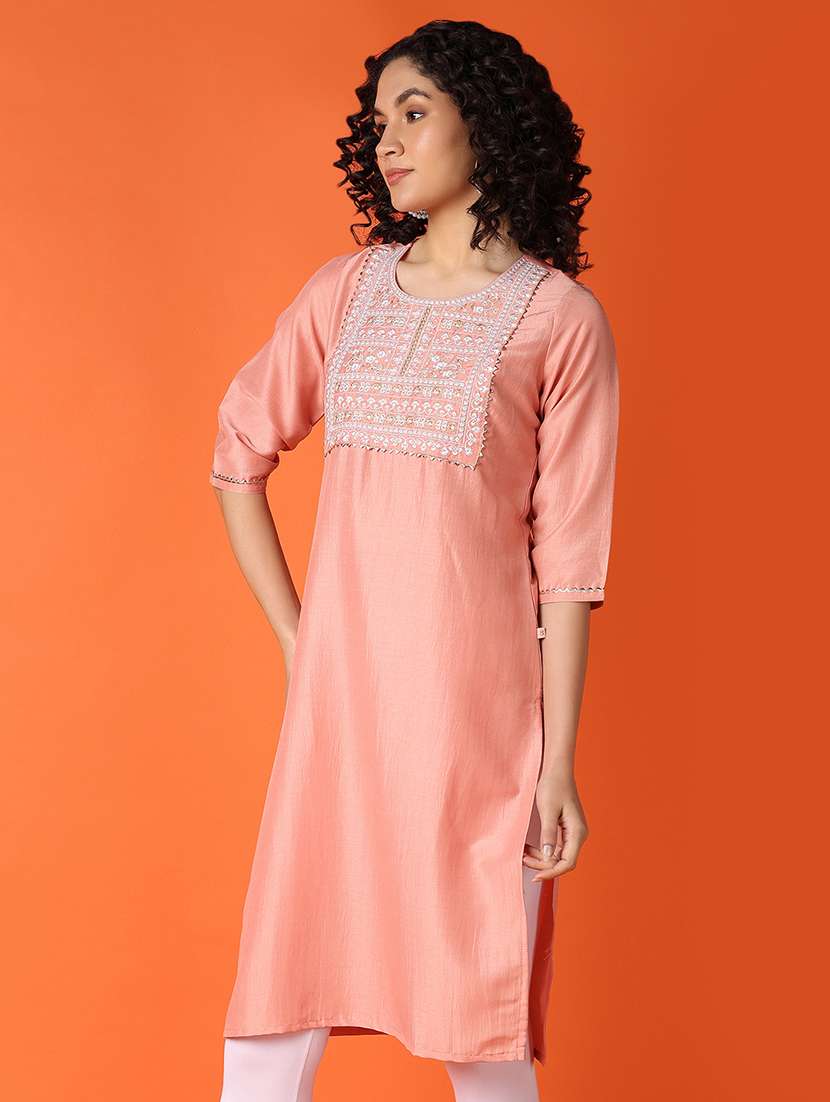 women peach three quarter sleeve straight kurta - 21795045 -  Standard Image - 1