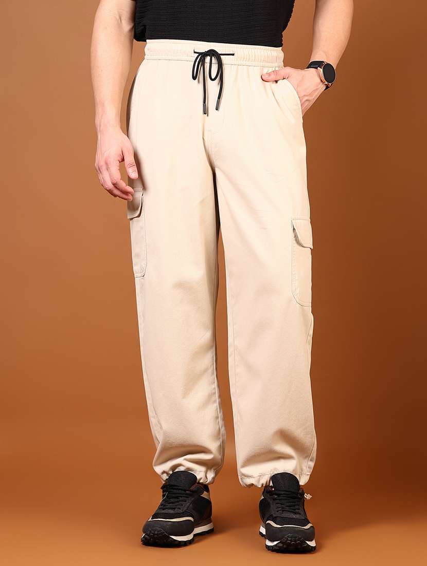 men beige solid mid rise relaxed fit jogger