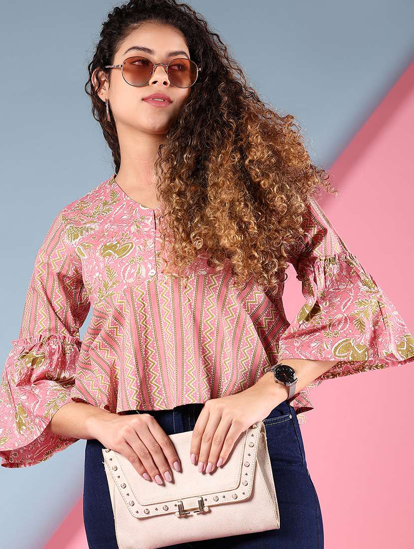 women pink printed bell sleeve peplum top