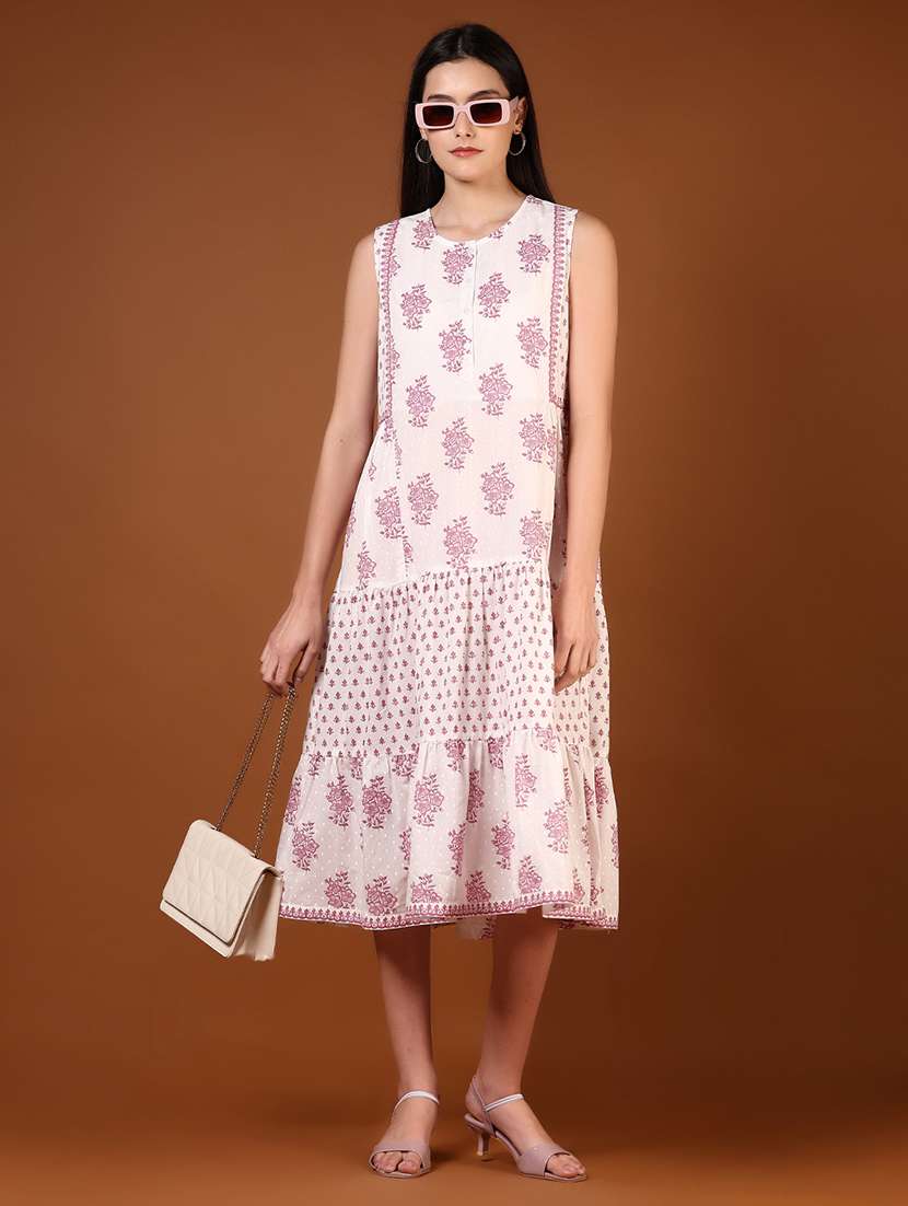 women floral printed sleeveless tiered dress