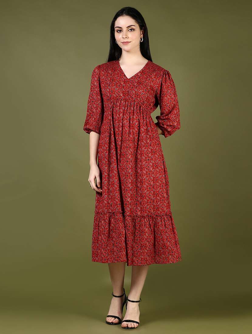 women red printed three quarter sleeve tiered ethnic dress - 21795076 -  Standard Image - 1