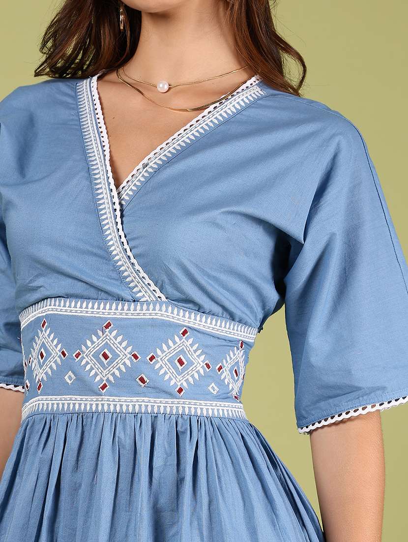 women light blue embroidered fit & flare ethnic dress - 21795100 -  Standard Image - 4