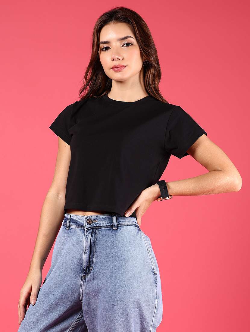 women solid short sleeves crop t-shirt - 21795108 -  Standard Image - 1